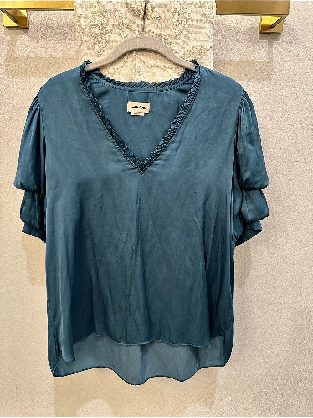 Zadig & Voltaire Taste Satin Top Ruffle Sleeve Blouse Blue Large